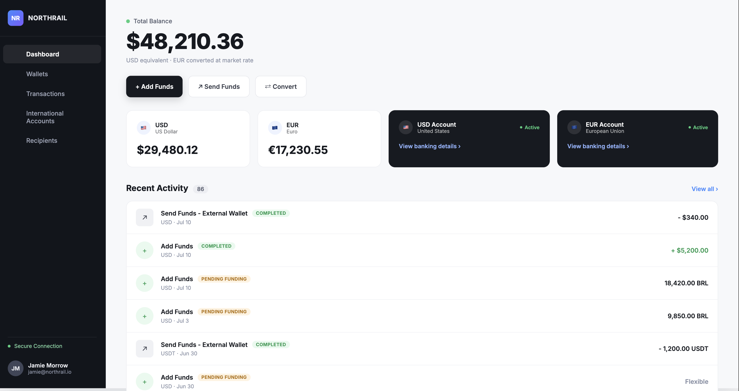 Painel da Dextrail com saldos em USD e EUR e o histórico de transferências